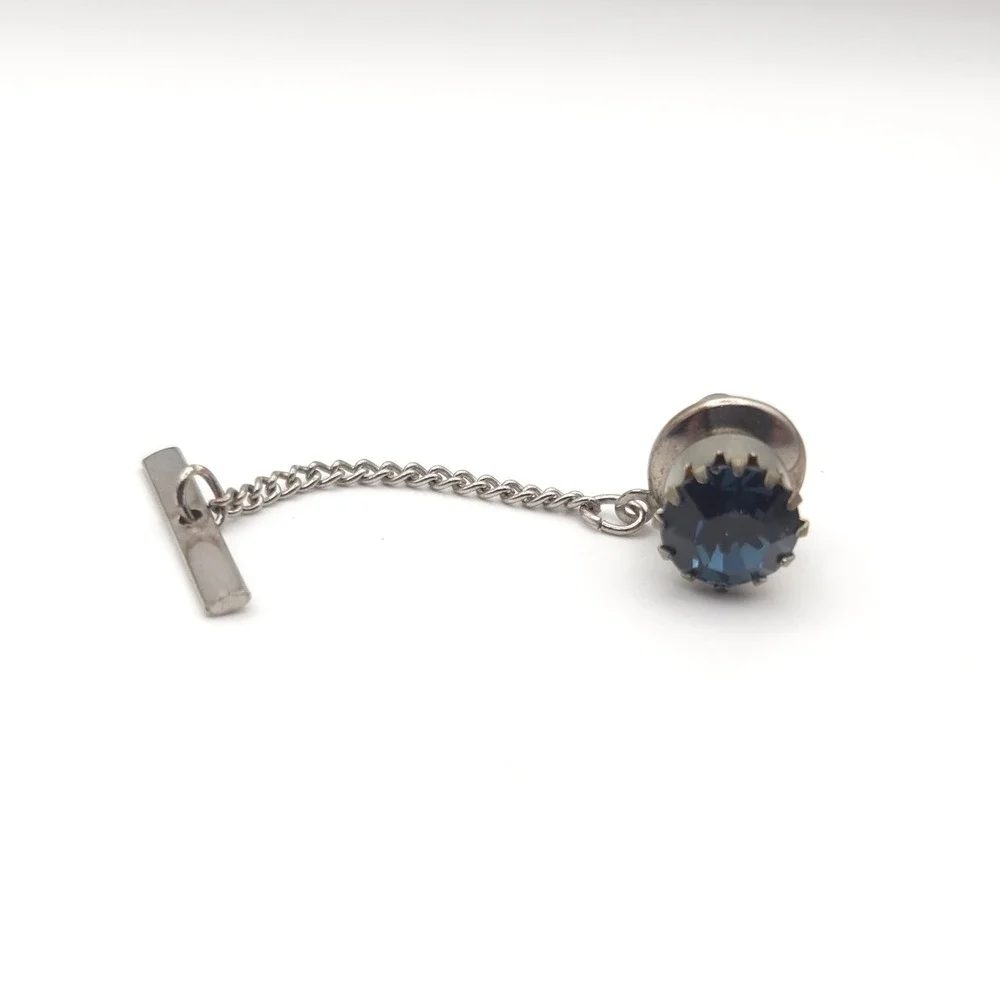 Vintage Blue Rhinestone‎ Tie Tack Silver Tone Crown Setting with Safety Chain